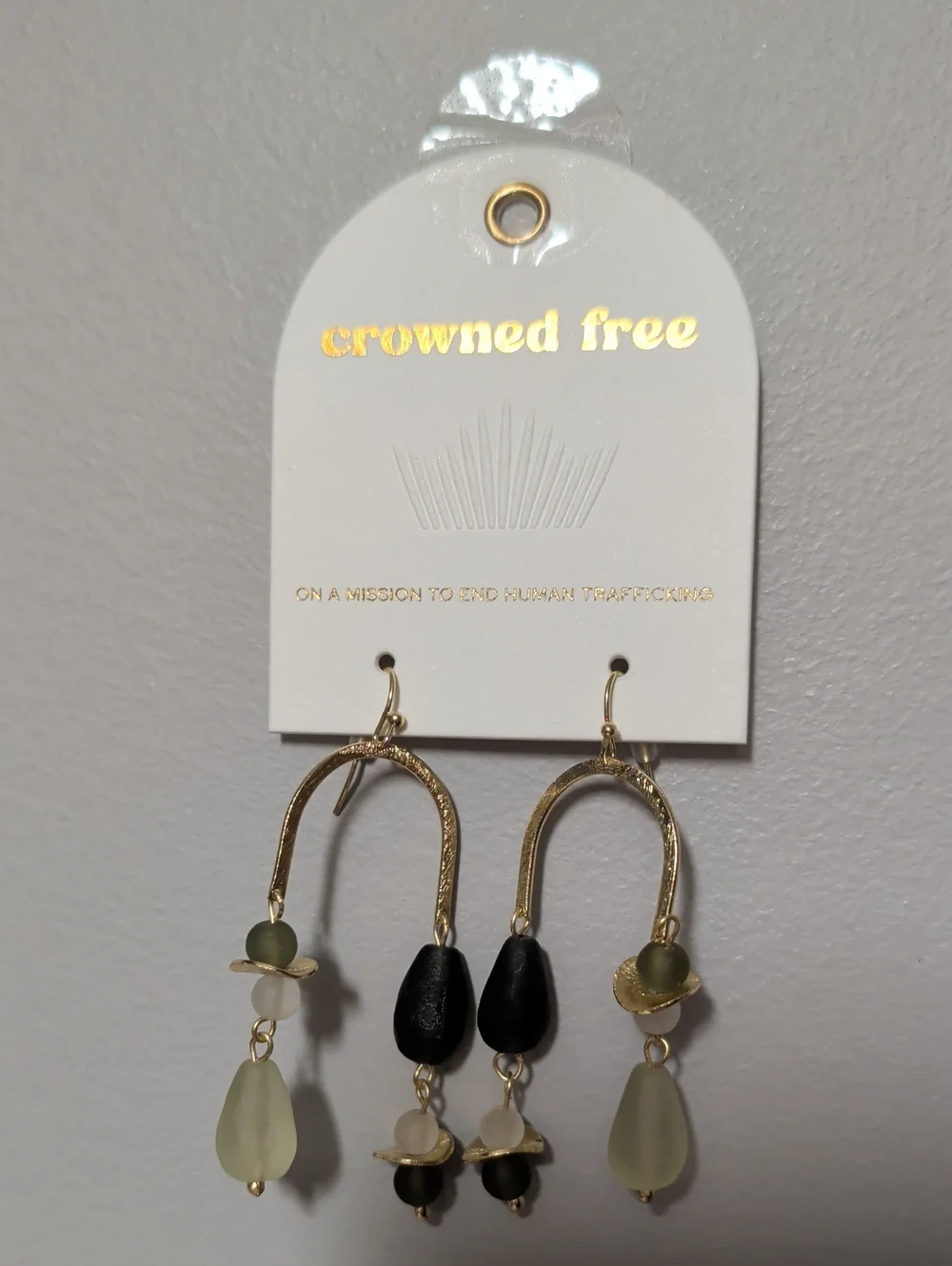 Crowned Free Gold-Tone Green & Black Drop Earrings